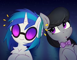 Size: 2361x1856 | Tagged: safe, artist:taneysha, imported from derpibooru, dj pon-3, octavia melody, vinyl scratch, earth pony, pony, unicorn, bowtie, chest fluff, clothes, duo, duo female, emanata, female, grass, headphones, horn, lesbian, lying down, mare, necktie, night, on back, open mouth, scratchtavia, shipping, smiling, starry night, stars, vinyl's glasses, vinyl's headphones, visualizer