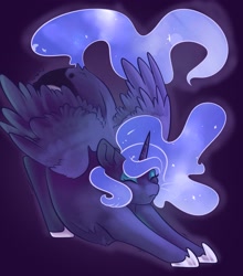 Size: 3000x3405 | Tagged: safe, artist:jezebel_remedy, imported from derpibooru, princess luna, alicorn, pony, behaving like a cat, eyes closed, female, mare, solo, spread wings, stretching, wings