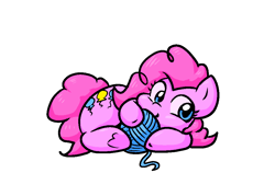 Size: 969x695 | Tagged: safe, artist:zutcha, imported from derpibooru, pinkie pie, earth pony, pony, behaving like a cat, cute, diapinkes, female, frog (hoof), lying down, mare, on side, simple background, smiling, solo, underhoof, white background, yarn, yarn ball