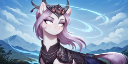 Size: 2400x1200 | Tagged: safe, imported from derpibooru, oc, oc only, oc:miao ying, earth pony, pony, ai content, ai generated, armor, bust, looking at you, medieval, portrait, prompter:greesys, purple hair, scenery, solo