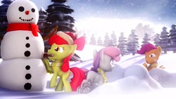 Size: 1920x1080 | Tagged: safe, artist:runic_the_wolf, apple bloom, scootaloo, sweetie belle, pony, 3d, female, filly, snow, snowman