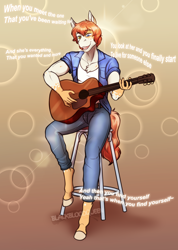 Size: 2558x3600 | Tagged: safe, artist:blackblood-queen, imported from derpibooru, oc, oc only, oc:honeybun meadow, anthro, earth pony, unguligrade anthro, acoustic guitar, anthro oc, bar stool, clothes, commission, digital art, earth pony oc, guitar, heterochromia, high res, male, music, musical instrument, pants, shirt, singing, sitting, smiling, solo, stallion