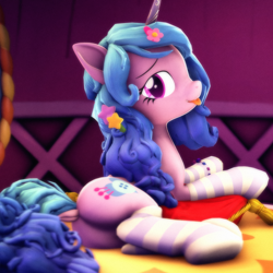 Size: 2160x2160 | Tagged: safe, artist:psfmer, imported from derpibooru, izzy moonbow, pony, unicorn, 3d, accessory, bracelet, butt, clothes, cushion, cute, dock, female, g5, g5 to g4, generation leap, high res, horn, izzy moonbutt, izzybetes, jewelry, looking at you, lying down, mane accessory, mare, plot, socks, solo, source filmmaker, striped socks, tail, tongue out