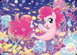 Size: 2027x1440 | Tagged: safe, imported from derpibooru, pinkie pie, earth pony, pony, seapony (g4), series:卡游辉月六, my little pony: the movie, bubble, card, coral, dorsal fin, english, female, fin, fish tail, flowing mane, flowing tail, kayou, merchandise, ocean, official, open mouth, open smile, pearl, seaponified, seapony pinkie pie, seashell, seaweed, smiling, solo, species swap, swimming, tail, text, trading card, underwater, water