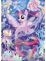 Size: 1080x1440 | Tagged: safe, imported from derpibooru, twilight sparkle, alicorn, pony, seapony (g4), series:卡游辉月六, my little pony: the movie, bubble, card, coral, dorsal fin, english, female, fin, fin wings, fins, fish tail, flowing mane, flowing tail, horn, kayou, merchandise, ocean, official, open mouth, open smile, pearl, seaponified, seapony twilight, seaquestria, seashell, seaweed, smiling, solo, sparkles, species swap, spread wings, swimming, tail, text, trading card, twilight sparkle (alicorn), underwater, water, wings