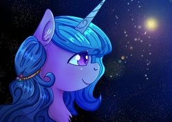 Size: 1080x769 | Tagged: safe, artist:shakoba, imported from derpibooru, izzy moonbow, pony, unicorn, bust, female, g5, horn, lens flare, mare, night, night sky, portrait, sky, solo, stars