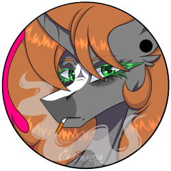 Size: 600x600 | Tagged: safe, artist:chazmazda, imported from derpibooru, oc, oc only, pony, unicorn, backwards cigarette, bags under eyes, blaze (coat marking), cel shading, cigarette, cigarette smoke, coat markings, colored eyelashes, commission, curved horn, ear piercing, earring, eye clipping through hair, eyebrows, eyebrows visible through hair, facial markings, frown, gauges, gray coat, green eyelashes, green eyes, horn, jewelry, lidded eyes, lineart, long hair, long muzzle, looking at you, narrowed eyes, orange mane, piercing, shading, shiny mane, simple background, smoke, smoking, snip (coat marking), transparent background, unicorn oc, watermark