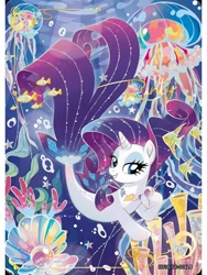 Size: 1080x1440 | Tagged: safe, imported from derpibooru, rarity, fish, jellyfish, pony, seapony (g4), series:卡游辉月六, my little pony: the movie, beautiful, bioluminescent, bubble, card, coral, cute, dorsal fin, english, eyelashes, eyeshadow, female, fin, fish tail, flowing mane, flowing tail, gem, happy, horn, jewelry, kayou, lidded eyes, makeup, merchandise, necklace, ocean, official, open mouth, open smile, pearl, scales, seaponified, seapony rarity, seaquestria, seashell, seashell necklace, seaweed, smiling, solo, sparkles, species swap, stars, swimming, tail, text, trading card, underwater, water