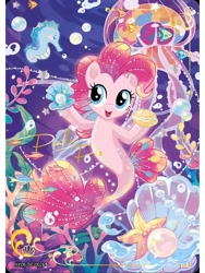 Size: 1080x1440 | Tagged: safe, imported from derpibooru, pinkie pie, earth pony, pony, seapony (g4), series:卡游辉月六, my little pony: the movie, bubble, card, coral, dorsal fin, english, female, fin, fish tail, flowing mane, flowing tail, kayou, merchandise, ocean, official, open mouth, open smile, pearl, seaponified, seapony pinkie pie, seashell, seaweed, smiling, solo, species swap, swimming, tail, text, trading card, underwater, water