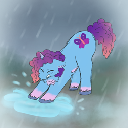 Size: 1068x1068 | Tagged: safe, artist:fallenrain40, imported from derpibooru, pony, unicorn, chest fluff, eyes closed, female, g5, horn, mare, misty brightdawn, puddle, rain, rebirth misty, solo, splashing