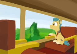 Size: 1280x905 | Tagged: safe, artist:gosupermarinespitfire, imported from derpibooru, hitch trailblazer, earth pony, pony, g5, looking out the window, male, sitting, solo, stallion, train