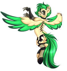 Size: 1573x1668 | Tagged: safe, artist:mxiiisy, imported from derpibooru, oc, oc only, oc:joystick (joystick), hippogriff, collar, ear piercing, female, glasses, goth, hippogriff oc, industrial piercing, piercing, simple background, solo, spread wings, transparent background, wings