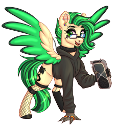 Size: 1554x1700 | Tagged: safe, artist:mxiiisy, imported from derpibooru, oc, oc only, oc:joystick (joystick), hippogriff, clothes, collar, female, fishnet clothing, fishnets, glasses, graphics card, hippogriff oc, hoodie, pride, pride flag, simple background, socks, solo, stockings, thigh highs, trans female, transgender, transgender pride flag, transparent background