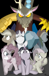 Size: 750x1150 | Tagged: safe, artist:siemensohm, imported from derpibooru, applejack, discord, fluttershy, pinkie pie, rainbow dash, rarity, tom, twilight sparkle, draconequus, earth pony, pegasus, pony, unicorn, the return of harmony, 2013, crying, discorded, female, floppy ears, horn, male, mane six, mare, rock, unicorn twilight