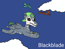 Size: 4096x3072 | Tagged: safe, artist:blackblade360, imported from derpibooru, oc, oc only, oc:dasher, ghoul, pegasus, pony, undead, zombie, zombie pony, fallout equestria, 2024, cloud, digital art, exposed bone, female, filly, filly oc, flying, foal, gray coat, green mane, ibispaint x, pegasus oc, pipbuck, signature, skull, sky, spread wings, wings, yellow eyes