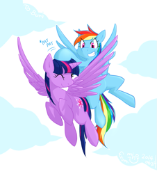 Size: 763x843 | Tagged: safe, artist:siemensohm, imported from derpibooru, rainbow dash, twilight sparkle, alicorn, pegasus, pony, duo, duo female, female, flying, lesbian, shipping, sky background, twidash, twilight sparkle (alicorn)