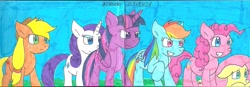 Size: 2338x816 | Tagged: safe, artist:cmara, imported from derpibooru, applejack, fluttershy, pinkie pie, rainbow dash, rarity, twilight sparkle, alicorn, earth pony, pegasus, unicorn, female, horn, mane six, marker drawing, traditional art