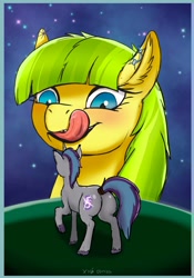 Size: 1668x2388 | Tagged: safe, artist:xyi, imported from derpibooru, oc, oc only, oc:lemon drop, oc:verlo streams, earth pony, unicorn, butt, drool, duo, horn, imminent vore, licking, licking lips, macro, night, plot, size difference, sketch, stars, tongue out