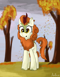 Size: 1298x1657 | Tagged: safe, artist:aubs, artist:derpy_fan, imported from derpibooru, autumn blaze, kirin, autumn, autumn blaze and autumn, leaves, name pun, newbie artist training grounds, solo, tree