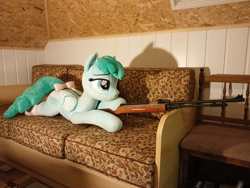 Size: 4080x3072 | Tagged: safe, artist:epicrainbowcrafts, imported from derpibooru, spring melody, sprinkle medley, pegasus, pony, bow, clothes, couch, gun, irl, life size, photo, plushie, rifle, socks, solo, tail, tail bow, weapon