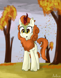 Size: 1298x1657 | Tagged: safe, artist:aubs, artist:derpy_fan, edit, imported from derpibooru, autumn blaze, kirin, autumn, autumn blaze and autumn, leaves, name pun, newbie artist training grounds, solo, tree