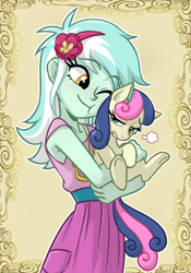 Size: 1750x2500 | Tagged: safe, artist:ta-na, imported from derpibooru, bon bon, lyra heartstrings, sweetie drops, earth pony, human, pony, equestria girls, bon bon is not amused, clothes, cute, cutie mark, cutie mark on clothes, dress, duo, duo female, female, hairband, holding a pony, hug, hugging a pony, looking back, looking down, lyrabetes, nuzzling, one eye closed, pocket, smiling, thin, unamused