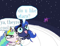 Size: 588x454 | Tagged: safe, artist:gcruz115, imported from derpibooru, princess celestia, princess luna, alicorn, pony, digital art, do u like stars?, fanart, pixel art, space, stars