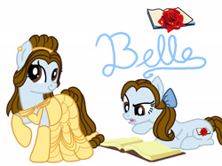 Size: 2732x2048 | Tagged: safe, artist:creativa-artly01, imported from derpibooru, earth pony, beauty and the beast, belle, blue bow, bow, brown eyes, brown hair, brown mane, brown tail, clothes, disney, disney princess, dress, female, hair bow, princess belle, rule 85, simple background, tail, white background