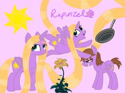 Size: 2732x2048 | Tagged: safe, artist:creativa-artly01, imported from derpibooru, alicorn, blond mane, blond tail, blonde hair, brown hair, brown mane, brown tail, crying, disney, female, flower, frying pan, golden hair, golden mane, golden tail, happy, long hair, long mane, long tail, rapunzel, rule 85, short hair, short mane, short tail, smiling, solo, tail, tangled (disney)