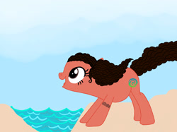 Size: 2732x2048 | Tagged: safe, artist:creativa-artly01, imported from derpibooru, earth pony, beach, brown eyes, brown hair, brown mane, brown tail, curly hair, curly mane, curly tail, cute, disney, disney princess, female, island, moana, polynesian, rule 85, solo, tail, tattoo, water