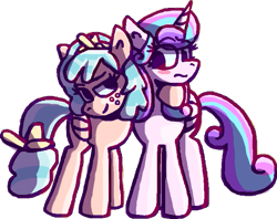 Size: 709x561 | Tagged: safe, artist:rosa ushiromiya, imported from derpibooru, cozy glow, princess flurry heart, alicorn, pegasus, pony, blushing, cozyheart, digital art, duo, duo female, female, hug, lesbian, looking at each other, looking at someone, older, older cozy glow, older flurry heart, raised hoof, shipping, simple background, standing, transparent background