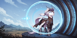 Size: 2400x1200 | Tagged: safe, imported from derpibooru, oc, oc only, oc:miao ying, earth pony, pony, ai content, ai generated, armor, bust, medieval, ponytail, portrait, prompter:greesys, scenery, solo