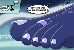 Size: 3069x2078 | Tagged: safe, artist:az12lol, imported from derpibooru, princess luna, alicorn, anthro, human, plantigrade anthro, pony, barefoot, barefoot sandals, barefooting, big feet, dream realm, feet, female, fetish, foot fetish, foot focus, foot worship, giant alicorn, giant anthro, giantess, giantess size difference, goddess, humanized, jewelry, macro, male, mega giant, mega luna, micro, nail polish, size comparison, size difference, soles, solo, toe ring, toenail polish, toenails, toes