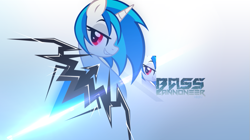 Size: 897x504 | Tagged: dead source, safe, artist:internationaltck, artist:mikoyanx, imported from derpibooru, dj pon-3, vinyl scratch, pony, unicorn, 2012, gradient background, horn, lidded eyes, red eyes, smiling, solo, wallpaper