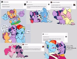 Size: 4096x3151 | Tagged: safe, artist:chub-wub, imported from derpibooru, fluttershy, pinkie pie, rainbow dash, scootaloo, trixie, twilight sparkle, earth pony, pegasus, pony, unicorn, ask, badge, bangs, beard, blue coat, blue eyes, blue mane, blue tail, blushing, chest fluff, chibi, clothes, colored, colored sketch, crossed hooves, curly mane, curly tail, cute, cutealoo, dialogue, drawing, evil twilight, eyebrows, eyebrows visible through hair, eyelashes, eyes closed, facial hair, female, flat colors, flirting, flower, frown, glowing, glowing horn, gray background, hatching (technique), holding, hoof hold, horn, kneeling, lesbian, lidded eyes, looking away, lying down, magic, male, mare, messy mane, messy tail, missing cutie mark, multicolored hair, multicolored mane, no pupils, nonbinary, nudging, nuzzling, on one knee, one eye closed, open mouth, open smile, orange coat, partially open wings, pink mane, pink tail, prone, purple coat, purple eyes, purple mane, rainbow hair, raised eyebrow, red eyes, requested art, rose, scootadoption, shipping, short mane twilight sparkle, simple background, sitting, sketch, smiling, speech bubble, tail, talking, telekinesis, text, three toned mane, trans male, trans rainbow dash, trans twilight sparkle, transgender, tumblr, twidash, twilight sparkle is not amused, twinkie, twishy, twixie, two toned mane, two toned tail, unamused, unicorn twilight, uniform, wall of tags, wings, wink, yellow coat