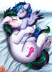 Size: 2678x3701 | Tagged: safe, artist:pridark, imported from derpibooru, oc, oc only, oc:jewel blue, oc:sil feather, pegasus, pony, unicorn, diaper, duo, forehead kiss, horn, kissing, pegasus oc, unicorn oc, wings