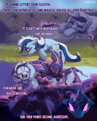 Size: 1298x1620 | Tagged: safe, artist:jewellier, imported from derpibooru, part of a set, minuette, pony, spider, unicorn, series:ask flurry heart, arachnophobia, ask, comic, english, female, horn, implied princess celestia, implied shining armor, infection au, mare, mlp art ask (ru), nightmare, text, translation