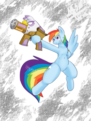 Size: 1200x1600 | Tagged: safe, artist:kushina13, imported from derpibooru, gilda, rainbow dash, pegasus, pony, abstract background, armpits, belly, belly button, chest fluff, collarbone, custom, female, flying, gun, gunified, hoof hold, inanimate tf, mare, ribcage, solo, super sentai, transformation, weapon