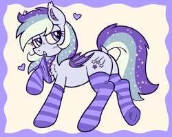 Size: 3877x3089 | Tagged: safe, artist:catponything, imported from derpibooru, oc, oc only, oc:wisty starshine, bat pony, pony, bat wings, biting, blue eyes, blue mane, blue tail, blush lines, blushing, butt, chest fluff, clothes, commission, cutie mark, dock, ear fluff, female, floating heart, folded wings, heart, lidded eyes, looking back, mare, multicolored eyes, multicolored hair, multicolored mane, multicolored tail, plot, purple eyes, purple mane, purple tail, purple wings, sock biting, socks, solo, sparkly mane, sparkly tail, striped socks, tail, wings, ych result