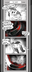 Size: 1451x3300 | Tagged: safe, artist:loreto-arts, imported from derpibooru, princess cadance, spike, twilight sparkle, alicorn, dragon, pony, comic:friendship is innuendo, comic:friendship is innuendo vol. 2, colored horn, curved horn, disembodied horn, horn, monochrome, neo noir, partial color, sombra's horn, twilight sparkle (alicorn), winged spike, wings