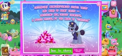 Size: 2340x1080 | Tagged: safe, idw, imported from derpibooru, screencap, officer fluffles, rarity, rough diamond, earth pony, pony, unicorn, advertisement, clothes, costs real money, disguise, english, female, gameloft, gem, horn, introduction card, mare, mobile game, my little pony: magic princess, numbers, police, police officer, sale, text