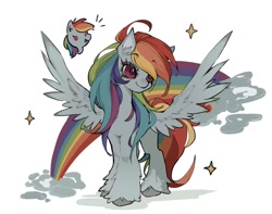 Size: 1131x889 | Tagged: safe, artist:torori_toro, imported from derpibooru, rainbow dash, pegasus, pony, blue coat, female, full body, mare, multicolored hair, rainbow, rainbow hair, red eyes, smiling, solo, spread wings, standing, wings