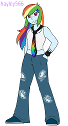 Size: 1704x3132 | Tagged: safe, artist:hayley566, imported from derpibooru, rainbow dash, equestria girls, 2000s, clothes, commission, converse, fashion, female, grin, jeans, midriff, necktie, pants, ripped jeans, ripped pants, shoes, simple background, smiling, solo, spiked wristband, tanktop, tomboy, torn clothes, transparent background, wristband