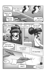 Size: 1732x2756 | Tagged: safe, artist:cybersquirrel, imported from derpibooru, part of a set, sci-twi, sugarcoat, twilight sparkle, human, comic:take a seat miss sparkle, clothes, comic, glasses, monochrome, part of a series, pencil, school uniform, speech bubble, text