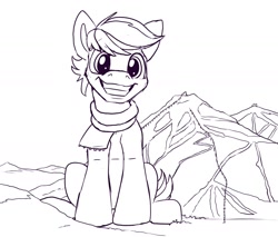 Size: 1498x1274 | Tagged: safe, artist:tsitra360, imported from derpibooru, double diamond, earth pony, pony, clothes, giant pony, grin, looking at you, macro, male, monochrome, mountain, scarf, sitting, sketch, smiling, solo, stallion