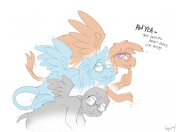 Size: 2214x1664 | Tagged: safe, artist:foxxy-arts, imported from derpibooru, gabby, gallus, gilda, griffon, human, collar, eye clipping through hair, female, female to male, glasses, human to griffon, male, mid-transformation, open mouth, open smile, rule 63, simple background, smiling, spiked collar, sweat, transformation, transgender transformation, trio, white background