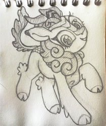 Size: 3072x3659 | Tagged: source needed, safe, artist:ponsce, imported from derpibooru, kirin, cloven hooves, grayscale, looking at you, monochrome, pencil drawing, smiling, solo, traditional art