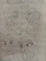 Size: 3120x4160 | Tagged: safe, artist:amin684682, imported from derpibooru, sunset shimmer, twilight sparkle, human, equestria girls, duo, duo female, female, humanized, pencil drawing, photo, plushie, sketch, traditional art