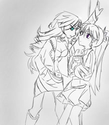 Size: 718x828 | Tagged: safe, artist:amin684682, imported from derpibooru, sunset shimmer, twilight sparkle, human, equestria girls, black and white, duo, duo female, female, grayscale, humanized, lesbian, monochrome, shipping, simple background, smiling, sunsetsparkle, white background