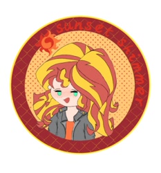 Size: 1071x1148 | Tagged: safe, artist:amin684682, imported from derpibooru, sunset shimmer, human, equestria girls, badge, clothes, female, humanized, jacket, open mouth, open smile, red hair, simple background, smiling, solo, teal eyes, two toned hair, white background, yellow hair